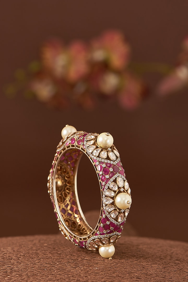 Gold Finish Moissanite Polki & Synthetic Ruby Stone Bangle In Sterling Silver by STELLA CREATIONS at Pernia's Pop Up Shop