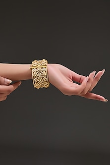 Gold Finish Moissanite Polki & Cubic Zirconia Bangle In Sterling Silver by STELLA CREATIONS-DESIGNER BANGLES