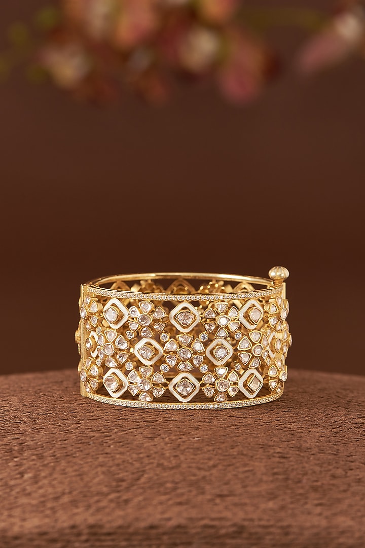 Gold Finish Moissanite Polki & Cubic Zirconia Bangle In Sterling Silver by STELLA CREATIONS at Pernia's Pop Up Shop