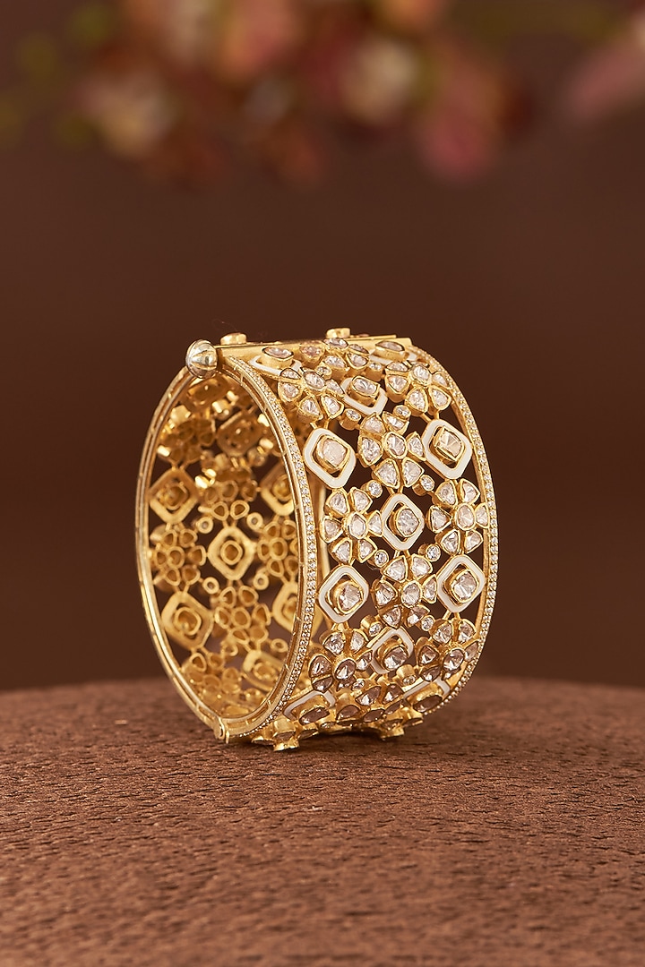 Gold Finish Moissanite Polki & Cubic Zirconia Bangle In Sterling Silver by STELLA CREATIONS at Pernia's Pop Up Shop