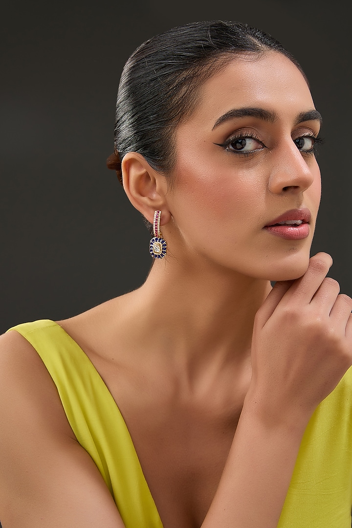 Gold Finish Moissanite Polki & Synthetic Stone Hoop Earrings In Sterling Silver by STELLA CREATIONS at Pernia's Pop Up Shop