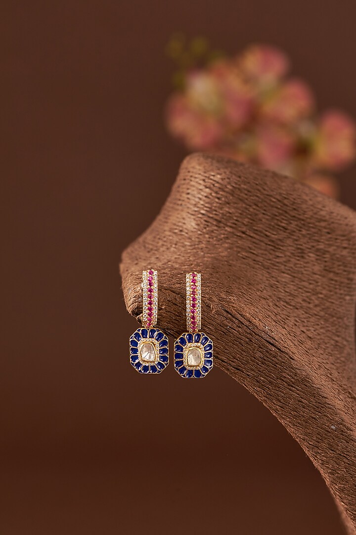 Gold Finish Moissanite Polki & Synthetic Stone Hoop Earrings In Sterling Silver by STELLA CREATIONS at Pernia's Pop Up Shop