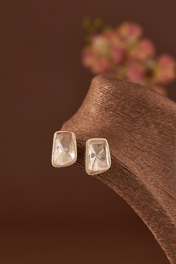 Gold Finish Moissanite Polki & Cubic Zirconia Stud Earrings In Sterling Silver by STELLA CREATIONS at Pernia's Pop Up Shop