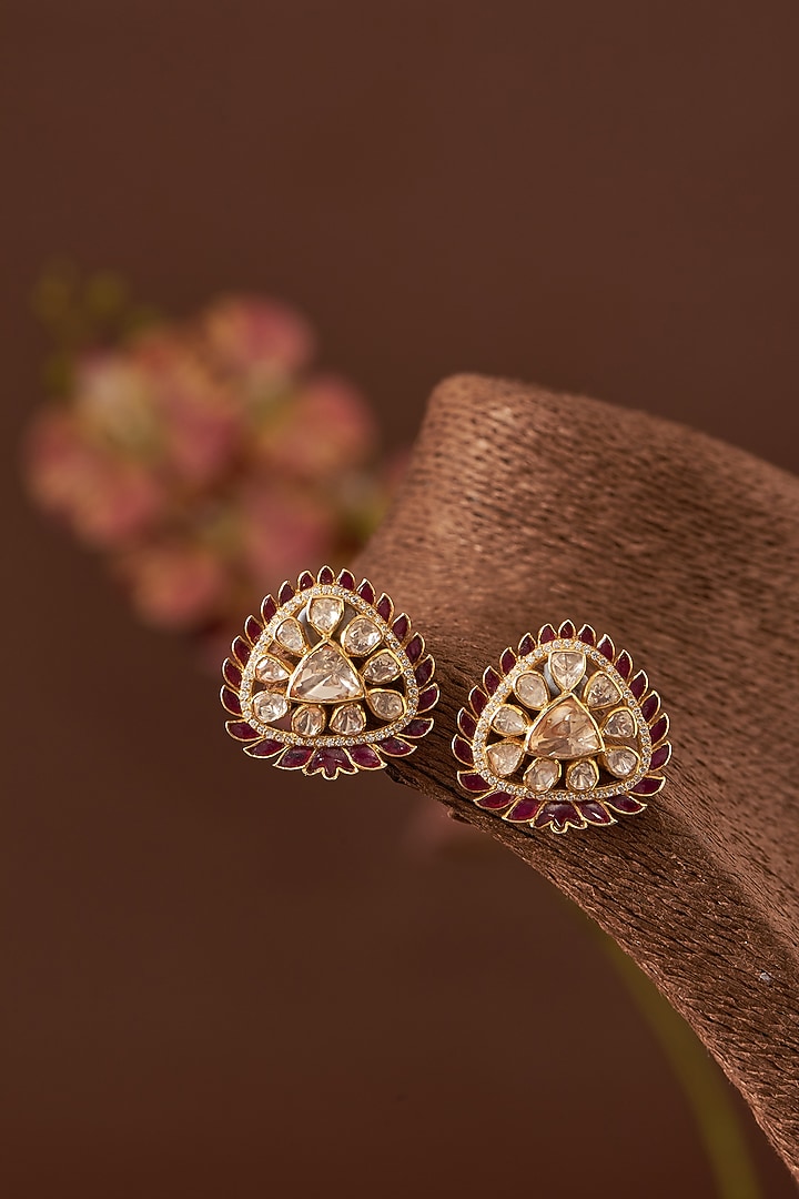Gold Finish Moissanite Polki & Synthetic Ruby Stone Stud Earrings In Sterling Silver by STELLA CREATIONS at Pernia's Pop Up Shop