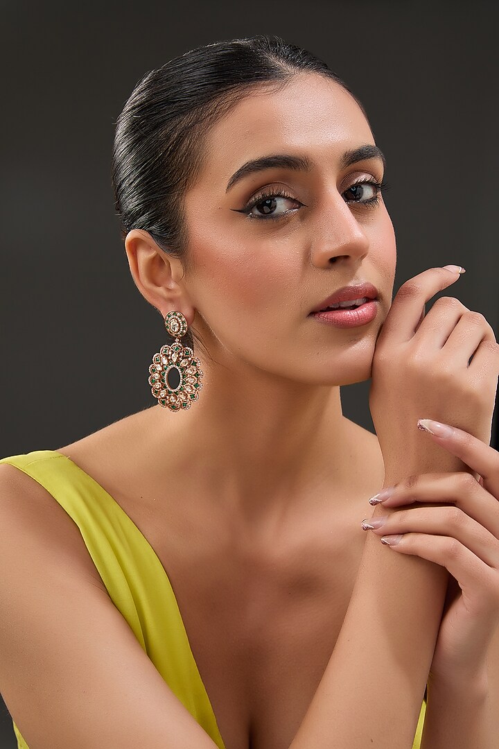 Rose Gold Finish Moissanite Polki & Synthetic Emerald Stone Dangler Earrings In Sterling Silver by STELLA CREATIONS at Pernia's Pop Up Shop