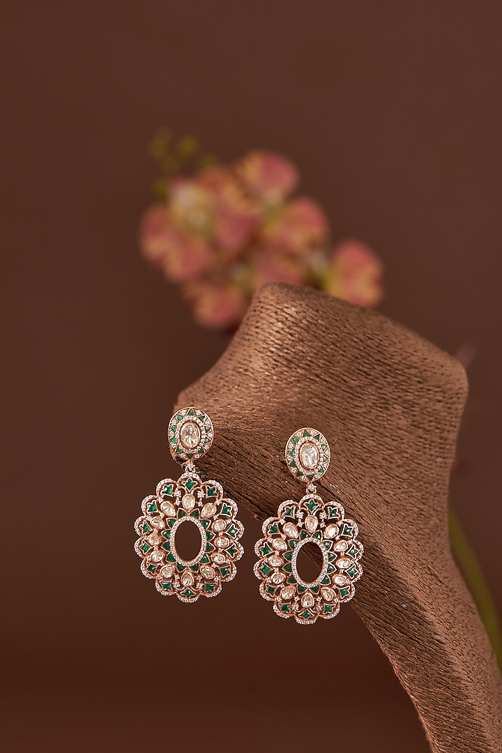 Rose Gold Finish Moissanite Polki & Synthetic Emerald Stone Dangler Earrings In Sterling Silver by STELLA CREATIONS at Pernia's Pop Up Shop