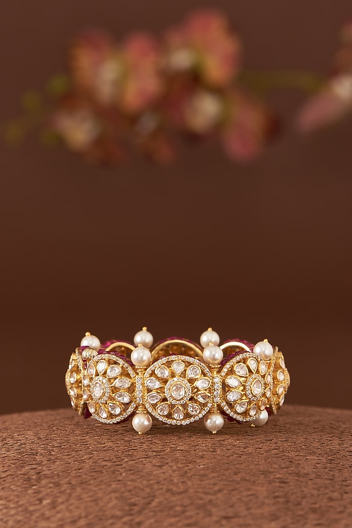 Gold Finish Moissanite Polki & Synthetic Ruby Stone Bangle In Sterling Silver by STELLA CREATIONS at Pernia's Pop Up Shop