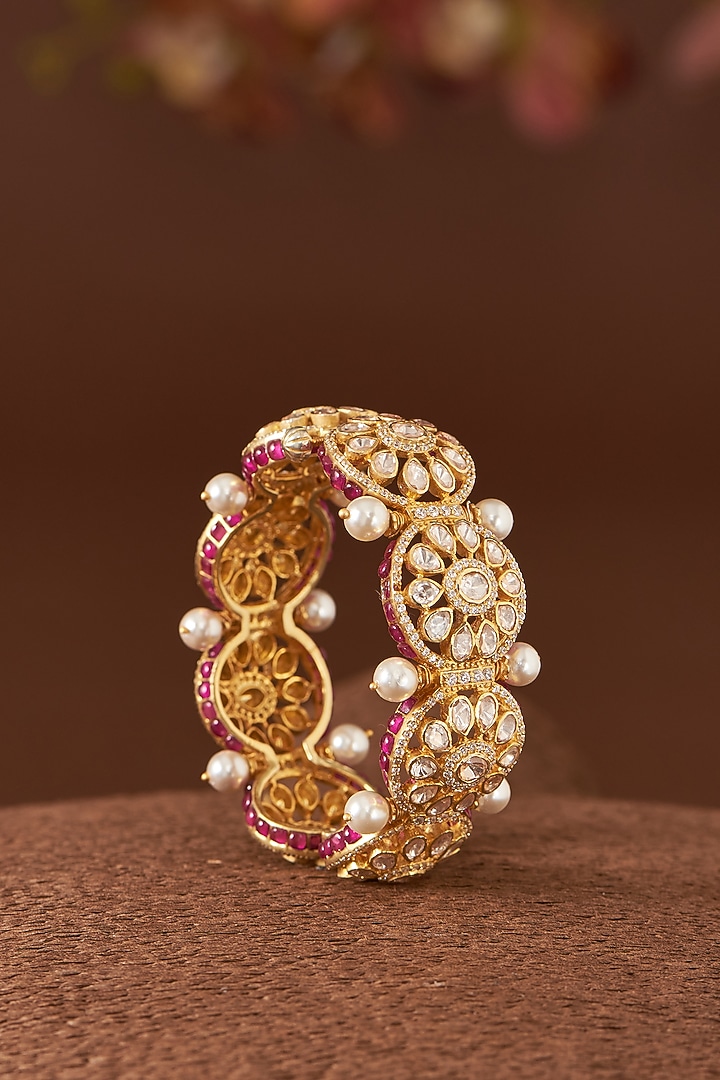 Gold Finish Moissanite Polki & Synthetic Ruby Stone Bangle In Sterling Silver by STELLA CREATIONS at Pernia's Pop Up Shop