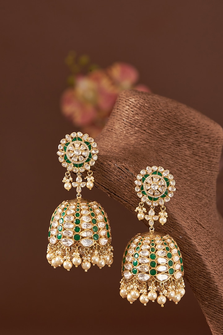 Gold Finish Moissanite Polki & Synthetic Emerald Stone Jhumka Earrings In Sterling Silver by STELLA CREATIONS at Pernia's Pop Up Shop