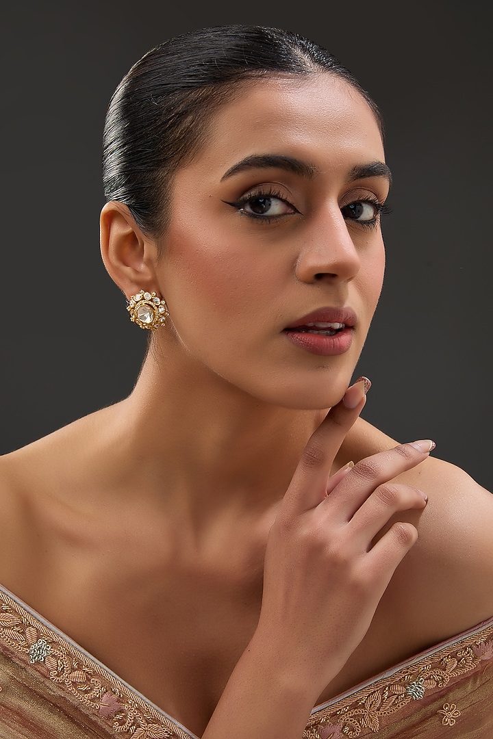 Gold Finish Moissanite Polki & Cubic Zirconia Stud Earrings In Sterling Silver by STELLA CREATIONS at Pernia's Pop Up Shop