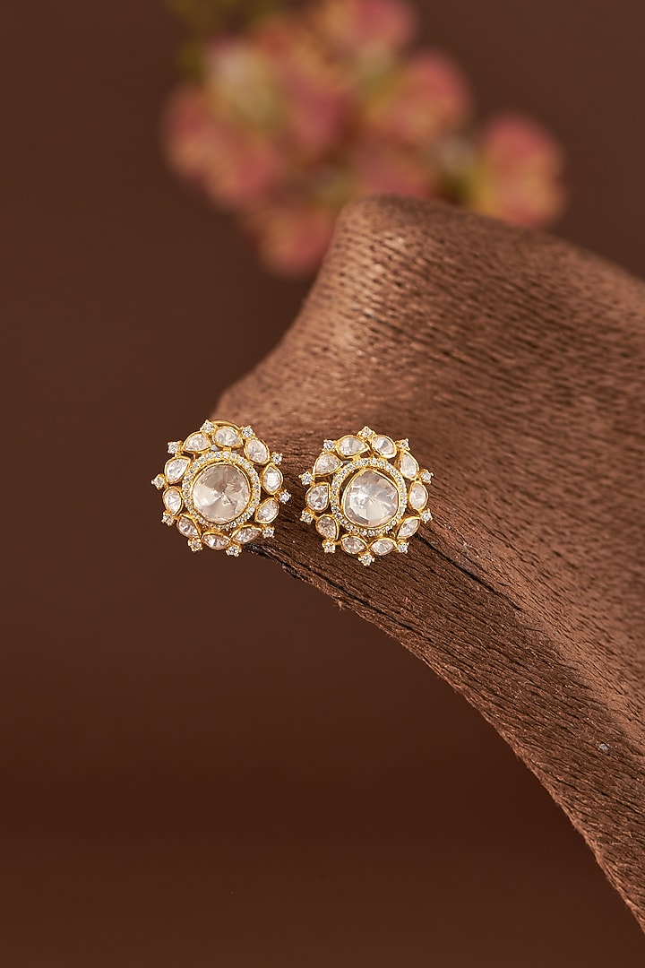Gold Finish Moissanite Polki & Cubic Zirconia Stud Earrings In Sterling Silver by STELLA CREATIONS at Pernia's Pop Up Shop