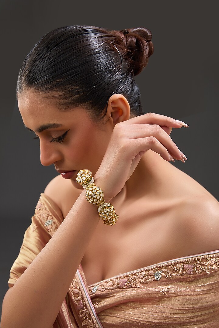 Gold Finish Moissanite Polki & Freshwater Pearl Bracelet In Sterling Silver by STELLA CREATIONS at Pernia's Pop Up Shop