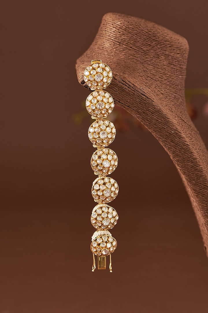 Gold Finish Moissanite Polki & Freshwater Pearl Bracelet In Sterling Silver by STELLA CREATIONS at Pernia's Pop Up Shop