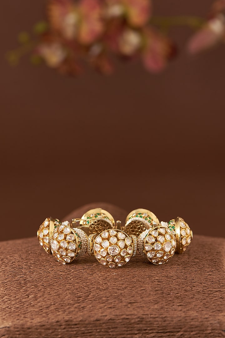 Gold Finish Moissanite Polki & Freshwater Pearl Bracelet In Sterling Silver by STELLA CREATIONS at Pernia's Pop Up Shop