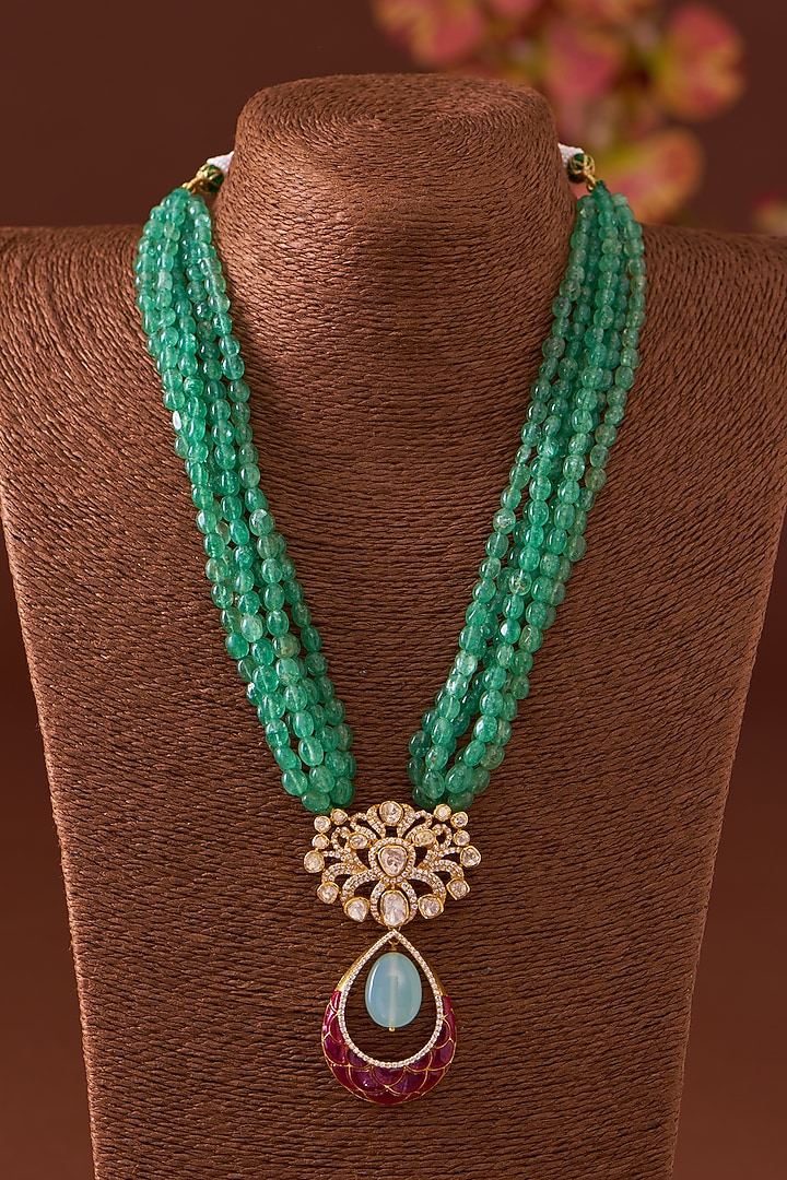 Gold Finish Moissanite Polki & Emerald Necklace Set In Sterling Silver by STELLA CREATIONS at Pernia's Pop Up Shop