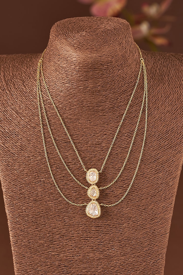 Gold Finish Moissanite Polki & CZ Layered Necklace In Sterling Silver by STELLA CREATIONS at Pernia's Pop Up Shop