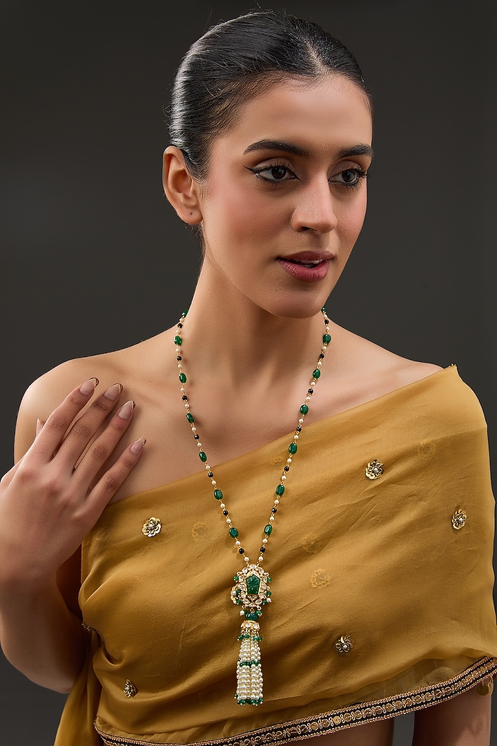 Gold Finish Moissanite Polki & Synthetic Emerald Long Necklace In Sterling Silver by STELLA CREATIONS at Pernia's Pop Up Shop