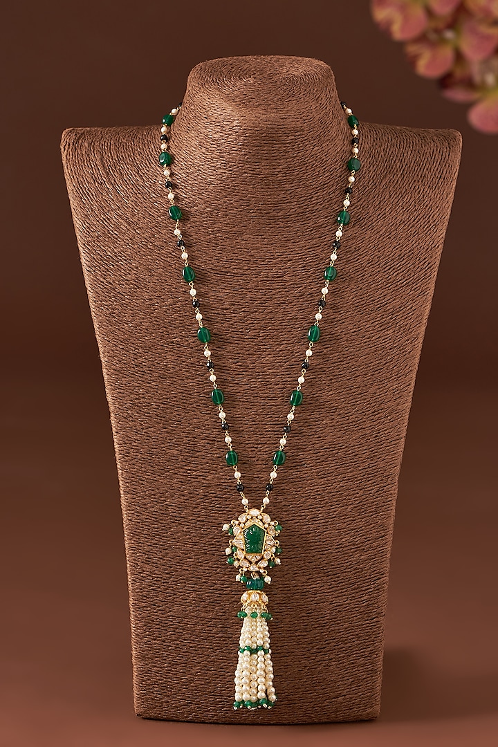Gold Finish Moissanite Polki & Synthetic Emerald Long Necklace In Sterling Silver by STELLA CREATIONS at Pernia's Pop Up Shop