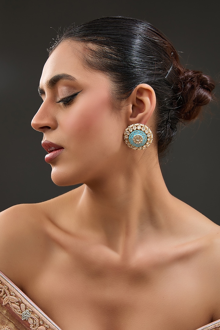 Gold Finish Moissanite Polki & Pearl Enameled Stud Earrings In Sterling Silver by STELLA CREATIONS at Pernia's Pop Up Shop