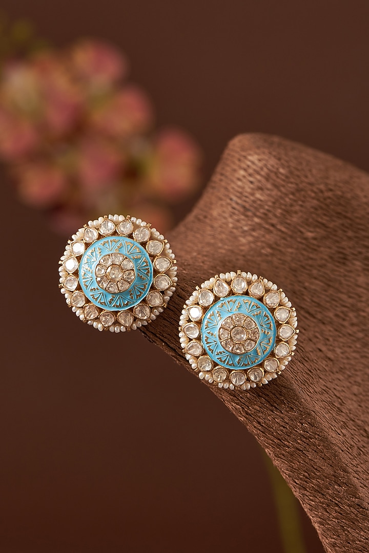 Gold Finish Moissanite Polki & Pearl Enameled Stud Earrings In Sterling Silver by STELLA CREATIONS at Pernia's Pop Up Shop