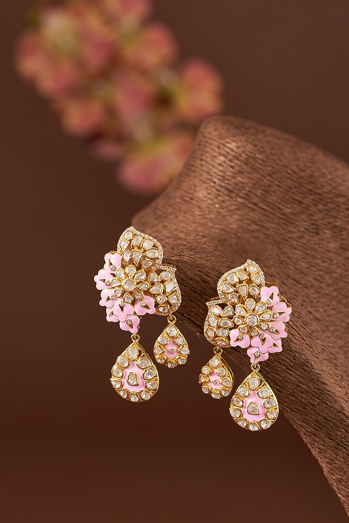 Gold Finish Moissanite Polki & CZ Enameled Stud Earrings In Sterling Silver by STELLA CREATIONS at Pernia's Pop Up Shop