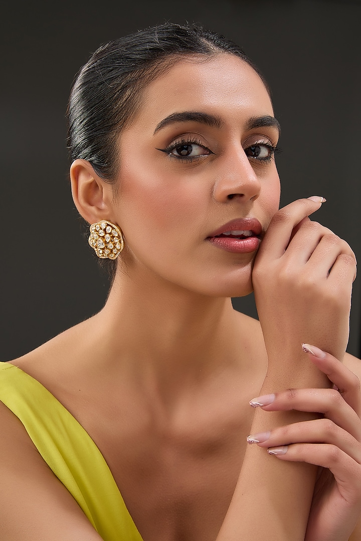 Gold Finish Moissanite Polki & CZ Stud Earrings In Sterling Silver by STELLA CREATIONS at Pernia's Pop Up Shop