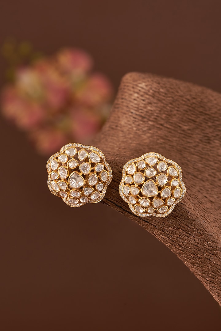 Gold Finish Moissanite Polki & CZ Stud Earrings In Sterling Silver by STELLA CREATIONS at Pernia's Pop Up Shop