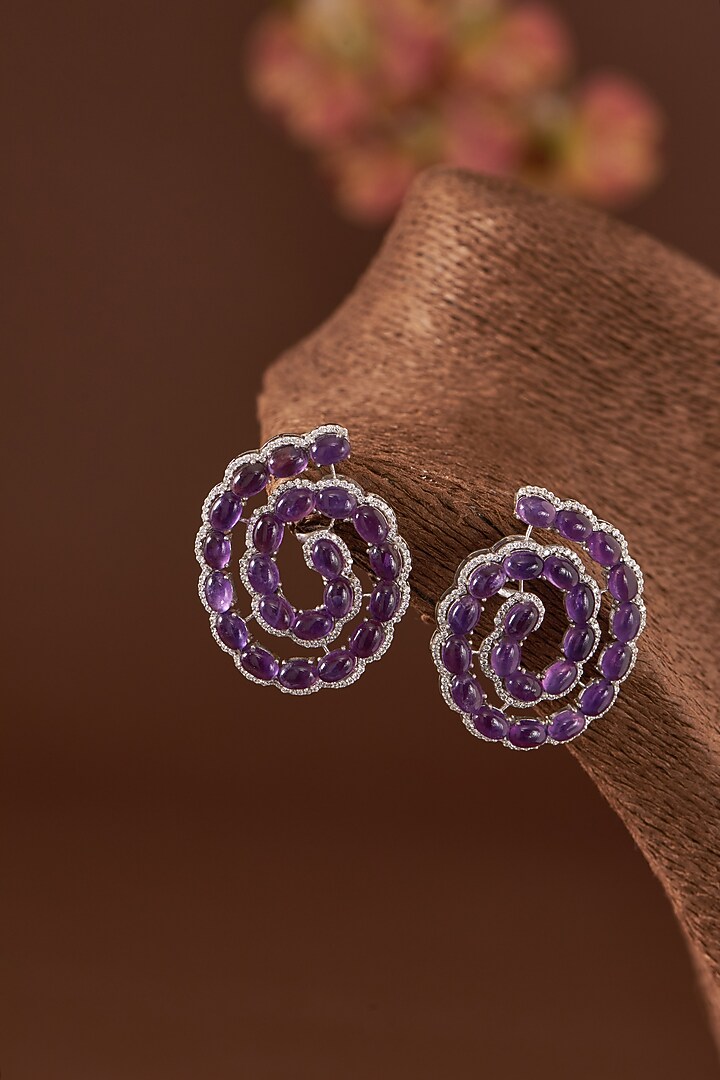 White Finish Blue Sapphire & Zircon Stud Earrings In Sterling Silver by STELLA CREATIONS at Pernia's Pop Up Shop