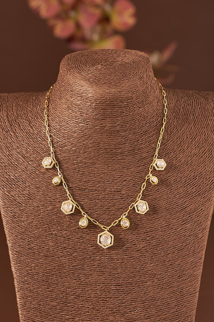Gold Finish Moissanite Polki & CZ Necklace In Sterling Silver by STELLA CREATIONS at Pernia's Pop Up Shop