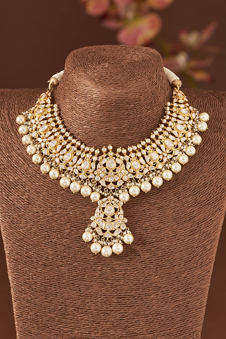 Gold Finish Moissanite Polki & Freshwater Pearl Necklace Set In Sterling Silver by STELLA CREATIONS at Pernia's Pop Up Shop