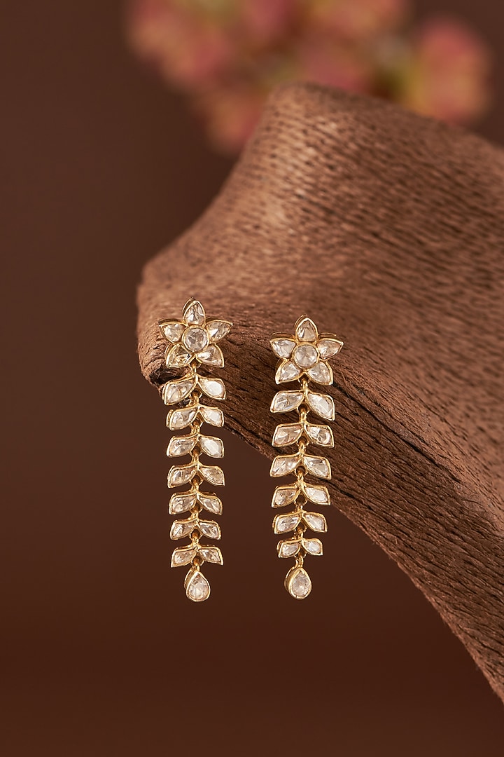 Gold Finish Moissanite Polki Dangler Earrings In Sterling Silver by STELLA CREATIONS at Pernia's Pop Up Shop
