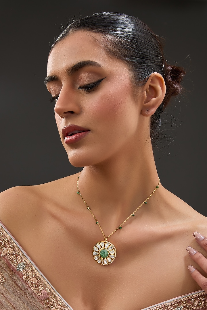 Gold Finish Moissanite Polki & CZ Necklace Set In Sterling Silver by STELLA CREATIONS at Pernia's Pop Up Shop