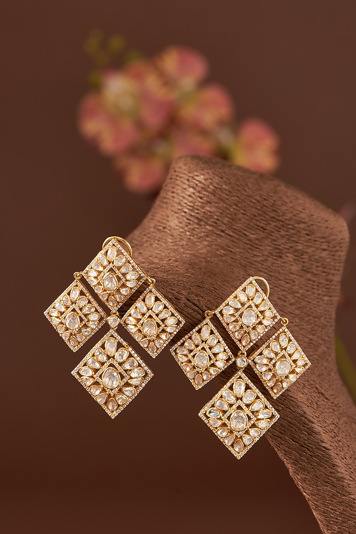 Gold Finish Moissanite Polki & CZ Dangler Earrings In Sterling Silver by STELLA CREATIONS at Pernia's Pop Up Shop
