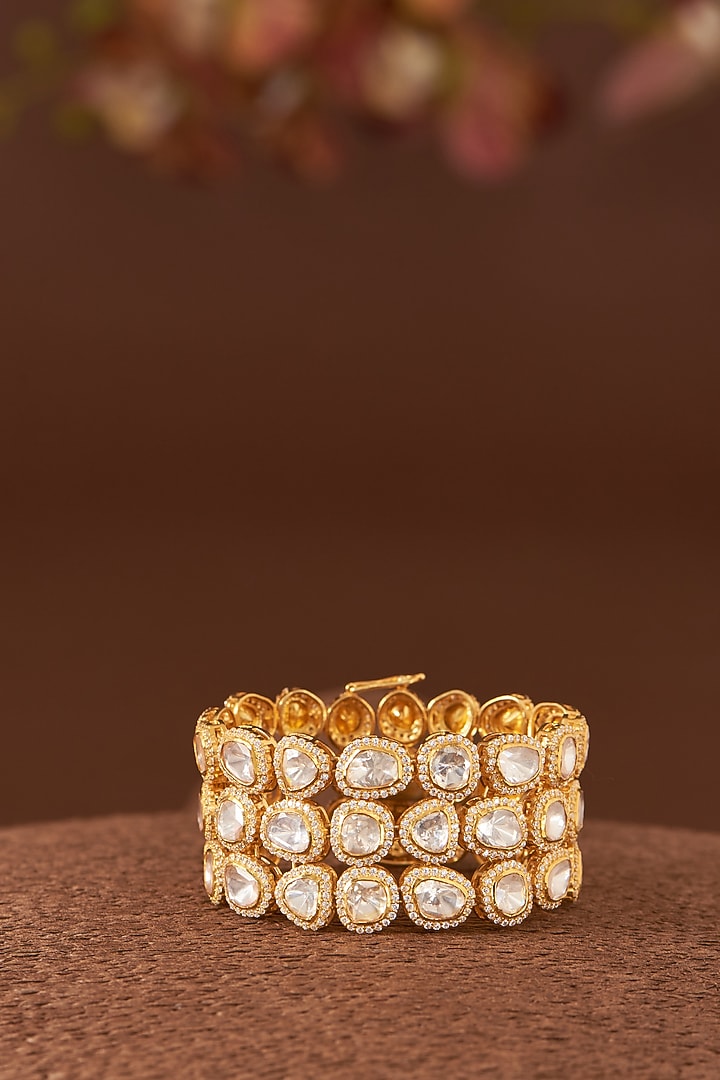 Gold Finish Moissanite Polki & CZ Bracelet In Sterling Silver by STELLA CREATIONS at Pernia's Pop Up Shop
