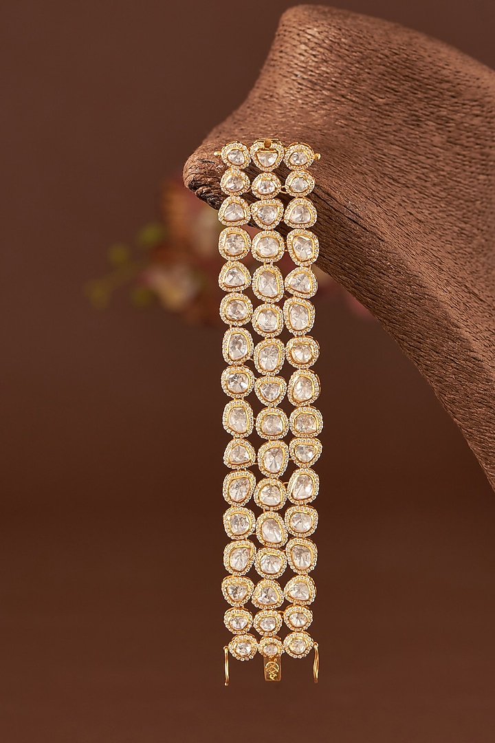 Gold Finish Moissanite Polki & CZ Bracelet In Sterling Silver by STELLA CREATIONS at Pernia's Pop Up Shop