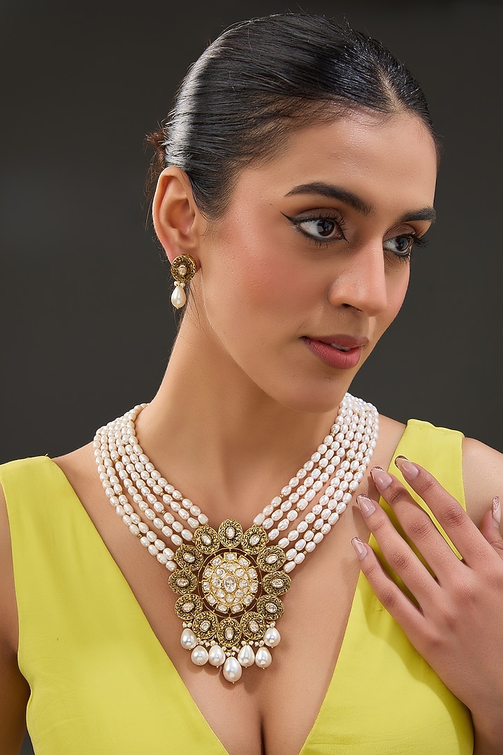 Black Rhodium Finish Moissanite Polki & Freshwater Pearl Necklace Set In Sterling Silver by STELLA CREATIONS at Pernia's Pop Up Shop