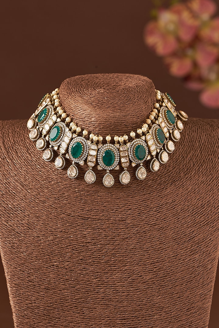 Black Rhodium Finish Emerald & Moissanite Polki Choker Necklace Set In Sterling Silver by STELLA CREATIONS at Pernia's Pop Up Shop