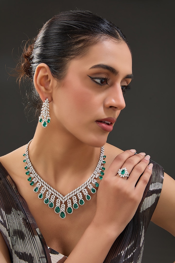 White Finish Zircon & Emerald Necklace Set In Sterling Silver by STELLA CREATIONS at Pernia's Pop Up Shop