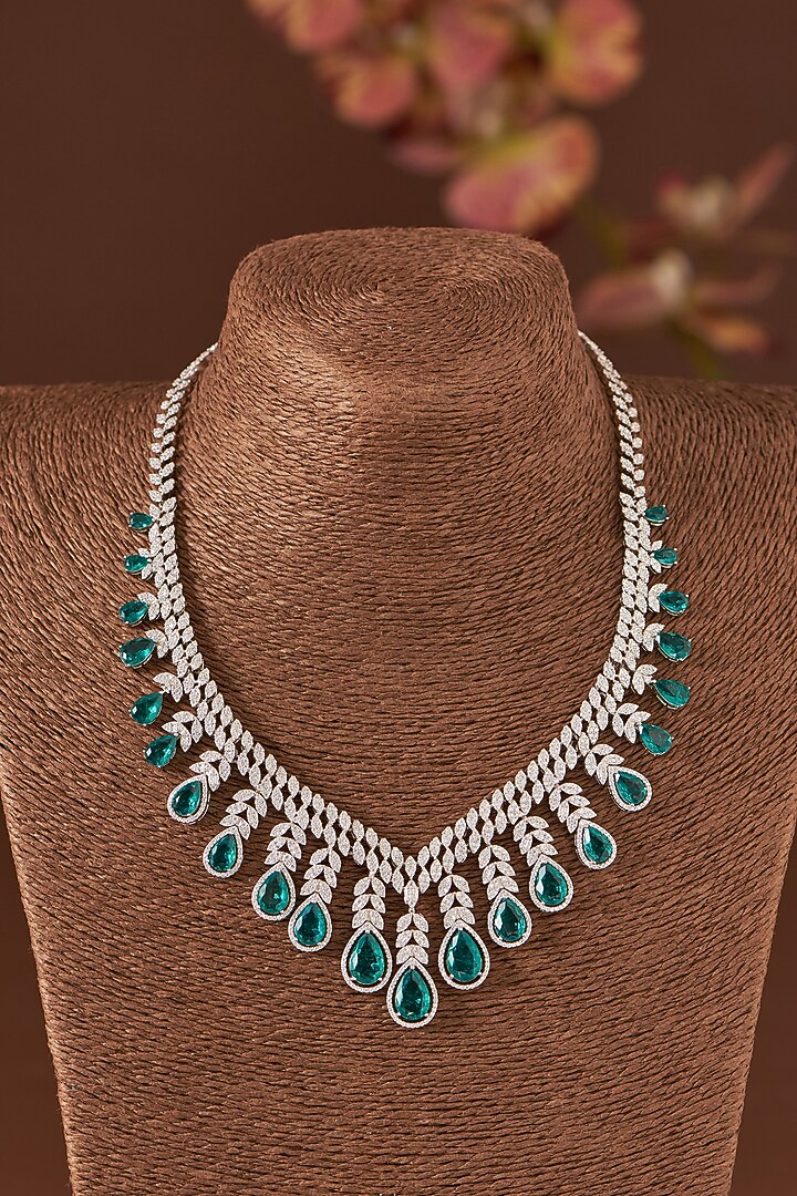 White Finish Zircon & Emerald Necklace Set In Sterling Silver by STELLA CREATIONS at Pernia's Pop Up Shop