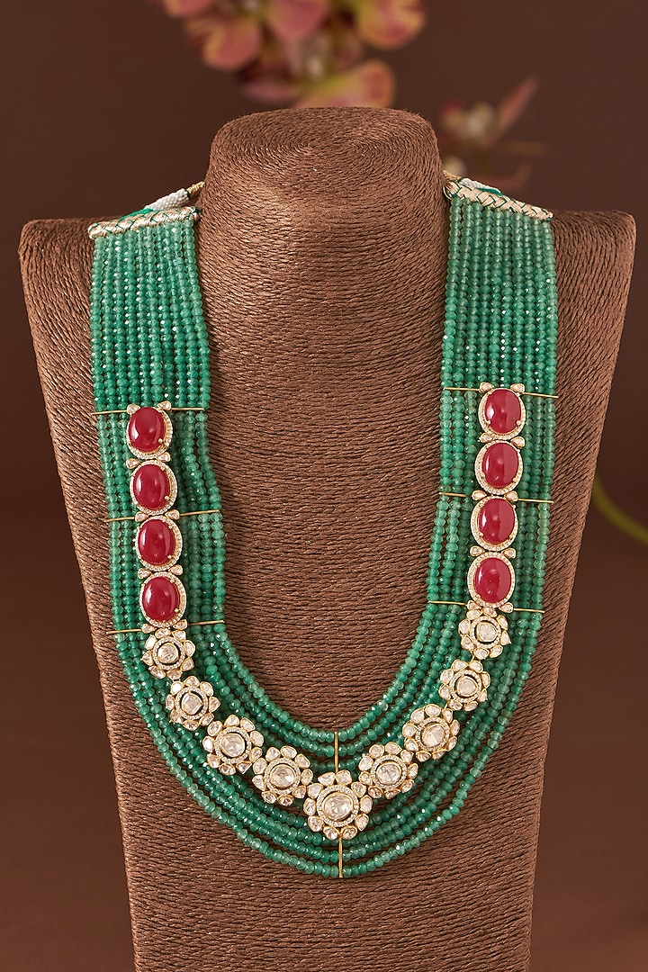 Gold Finish Ruby & Emerald Necklace Set In Sterling Silver by STELLA CREATIONS at Pernia's Pop Up Shop