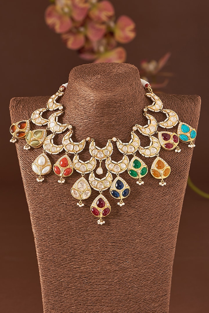 Gold Finish Moissanite Polki & Freshwater Pearl Necklace Set In Sterling Silver by STELLA CREATIONS at Pernia's Pop Up Shop