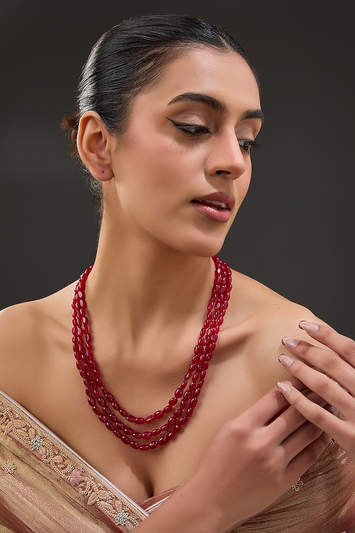 Red Synthetic Ruby Layered Mala In Sterling Silver by STELLA CREATIONS