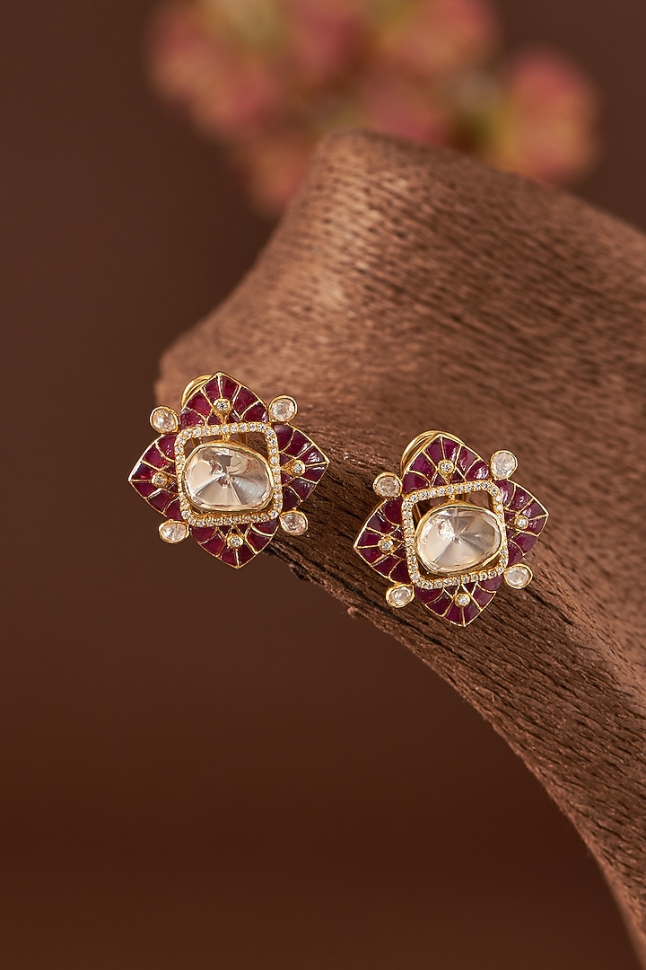 Gold Finish Moissanite Polki & Rubies Stud Earrings In Sterling Silver by STELLA CREATIONS at Pernia's Pop Up Shop