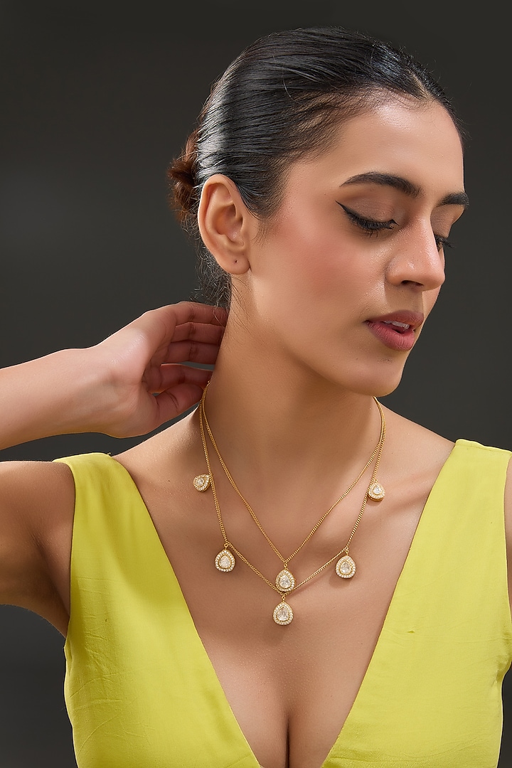 Gold Finish Moissanite Polki & CZ Layered Necklace In Sterling Silver by STELLA CREATIONS at Pernia's Pop Up Shop