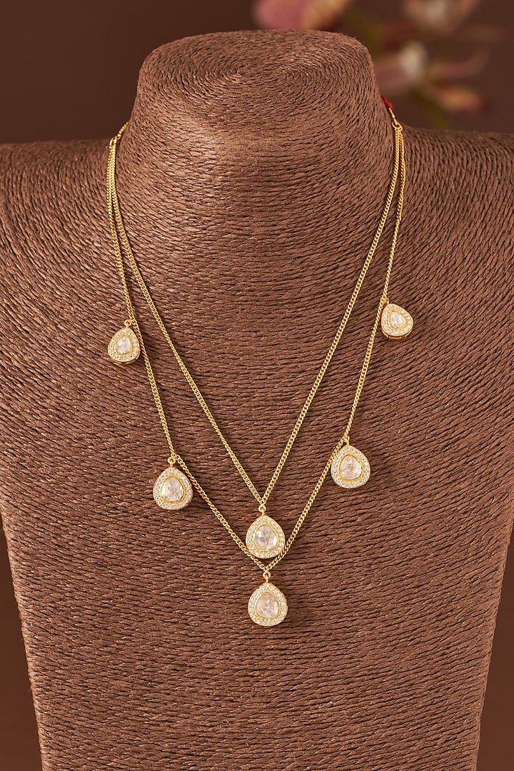 Gold Finish Moissanite Polki & CZ Layered Necklace In Sterling Silver by STELLA CREATIONS at Pernia's Pop Up Shop