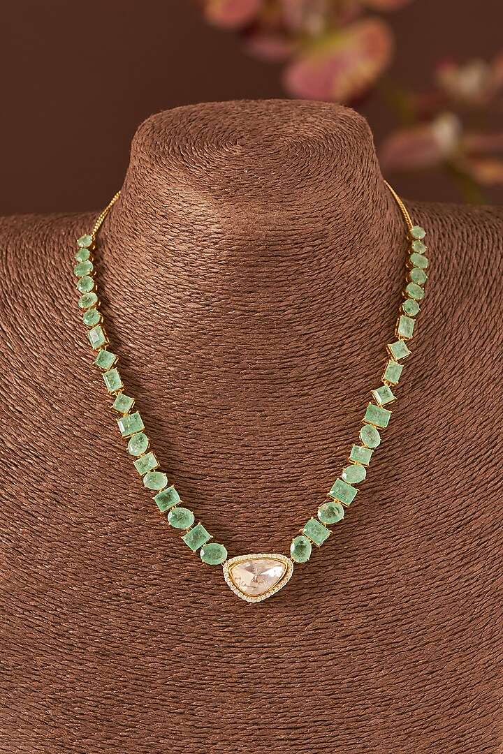 Gold Finish Moissanite Polki & Green Jade Necklace Set In Sterling Silver by STELLA CREATIONS at Pernia's Pop Up Shop