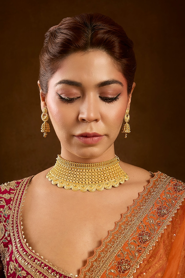 Yellow Gold Finish Eurostar Choker Necklace Set In Sterling Silver by STELLA CREATIONS at Pernia's Pop Up Shop