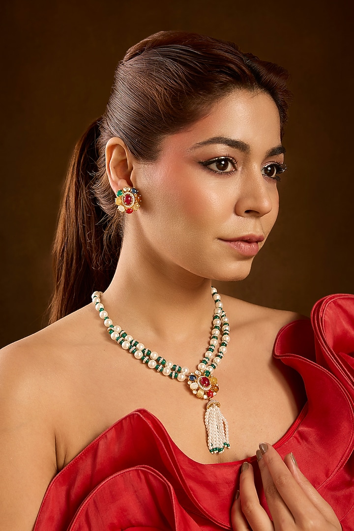 Yellow Gold Finish Ruby & Emerald Pendant Necklace Set In Sterling Silver by STELLA CREATIONS at Pernia's Pop Up Shop