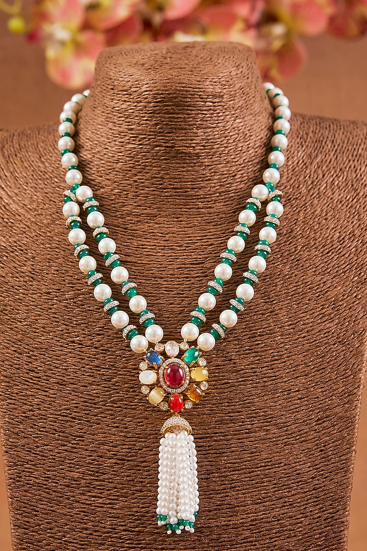 Yellow Gold Finish Ruby & Emerald Pendant Necklace Set In Sterling Silver by STELLA CREATIONS at Pernia's Pop Up Shop