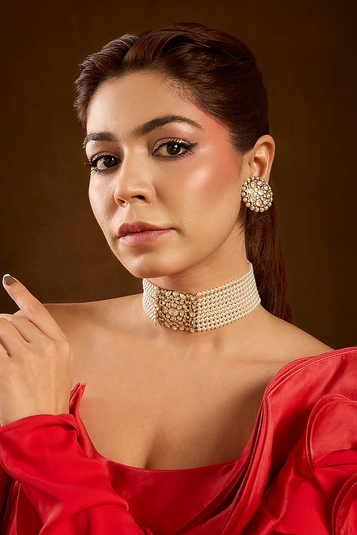 Antique Yellow Gold Finish Moissanite Polki Choker Necklace Set In Sterling Silver by STELLA CREATIONS at Pernia's Pop Up Shop